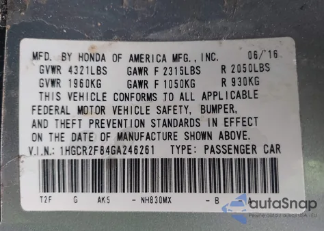 2016 Honda Accord Ex-L из США, поврежденный, VIN 1HGCR2F84GA246261